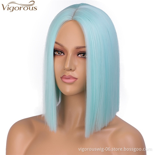 Vigorous Mint Green Straight Bob Wig Synthetic Wigs for Women Middle Part Heat Resistant High Temperature Cosplay Wig